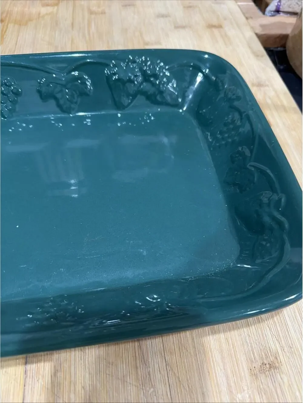 Vintage Embossed Dark Green Casserole Baking Dish 14 X 9” Grapes Fruit Motif *